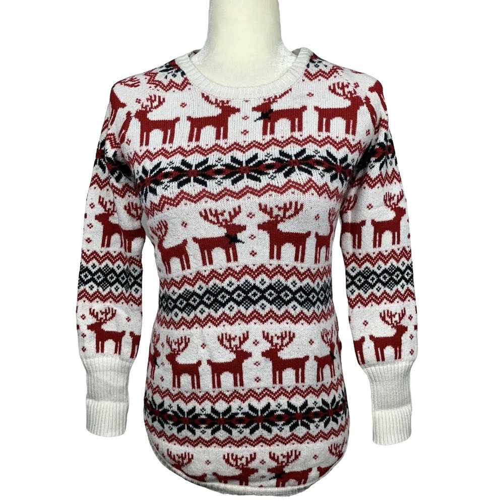 Christmas Sweater Fair Isle Long Sleeves Deer XS